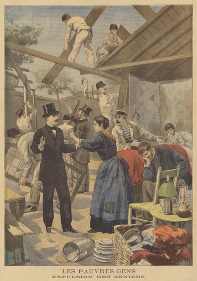 Utvisning av de fattige fra en shanty-by i utkanten av militærsonen Gentilly av French School
